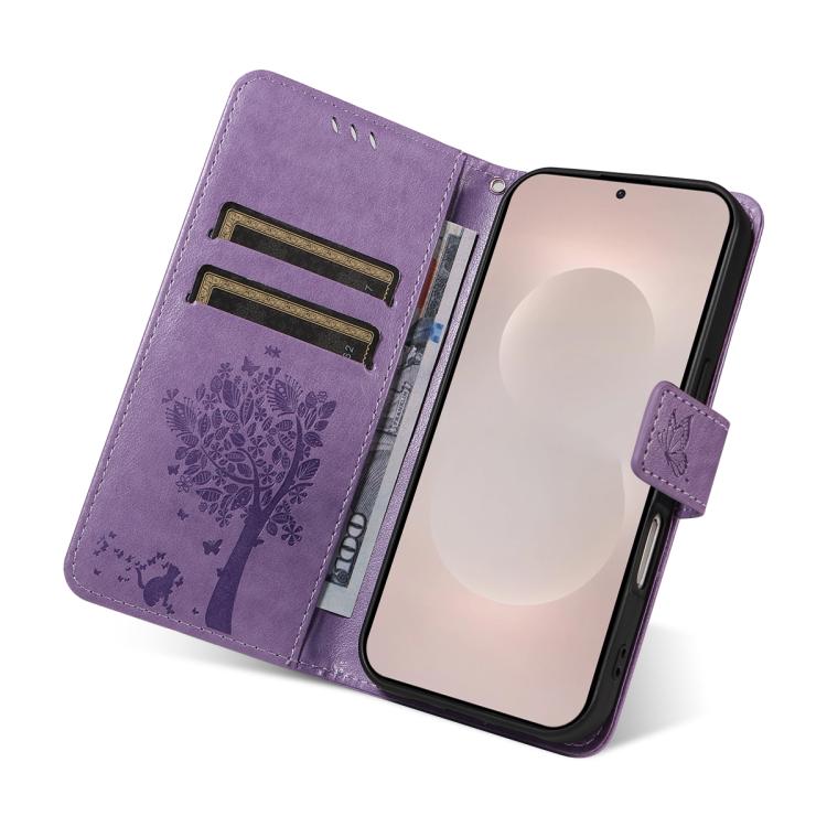 For Galaxy S26 Edge 5G Tree & Cat Embossed Pattern Flip Leather Phone Case