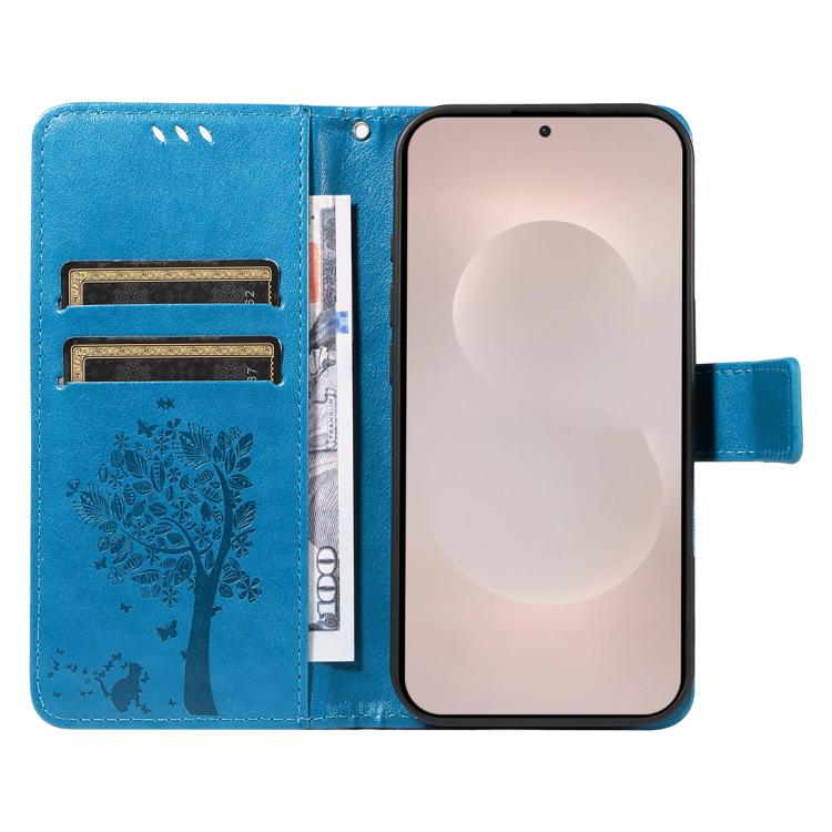 For Galaxy S26 Edge 5G Tree & Cat Embossed Pattern Flip Leather Phone Case