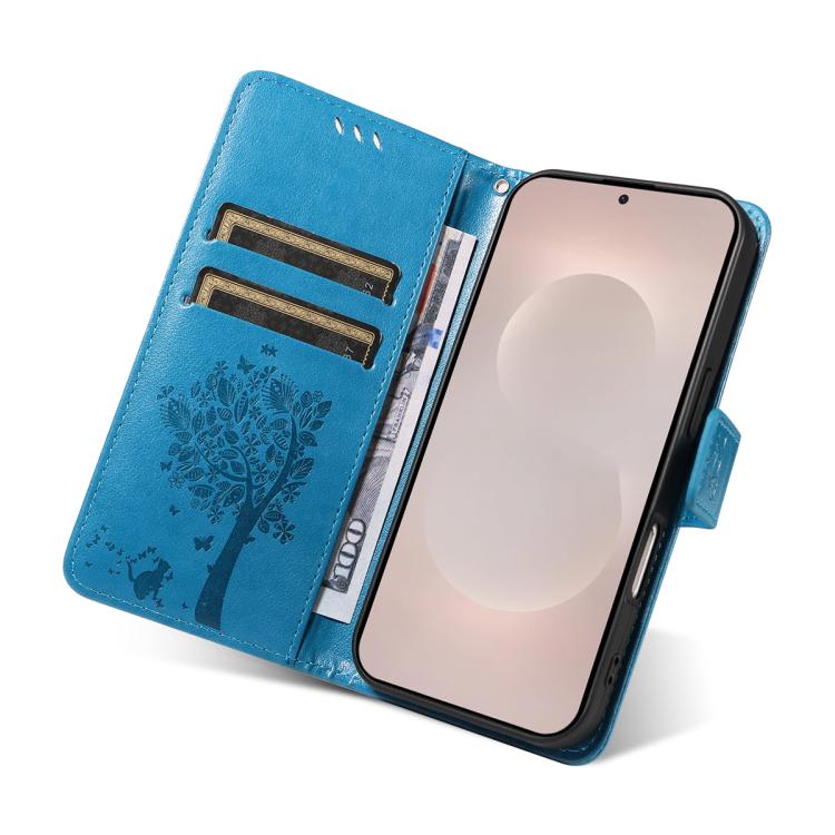 For Galaxy S26 Edge 5G Tree & Cat Embossed Pattern Flip Leather Phone Case