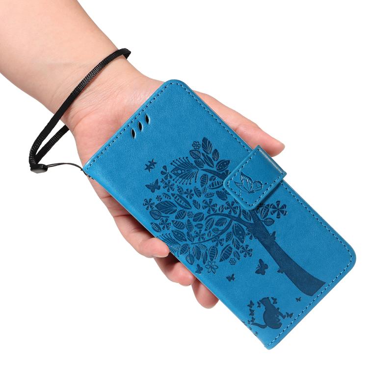 For Galaxy S26 Edge 5G Tree & Cat Embossed Pattern Flip Leather Phone Case