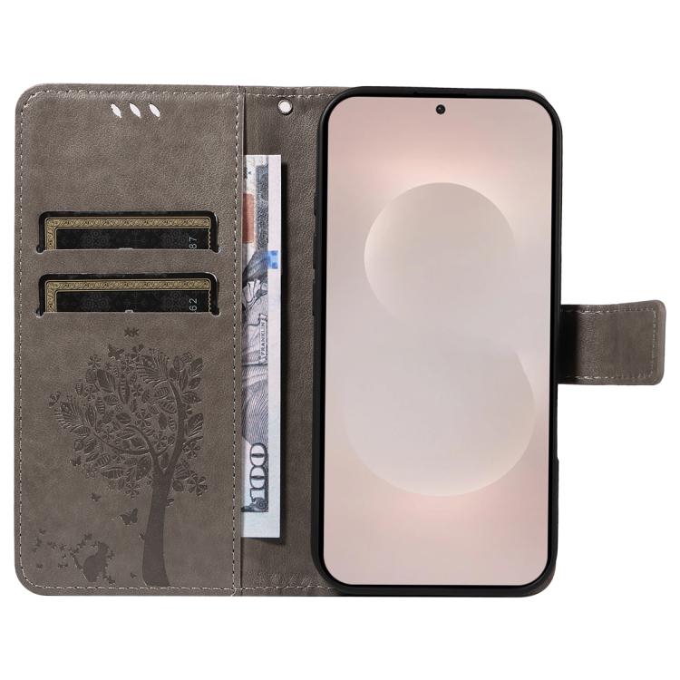 For Galaxy S26 Edge 5G Tree & Cat Embossed Pattern Flip Leather Phone Case