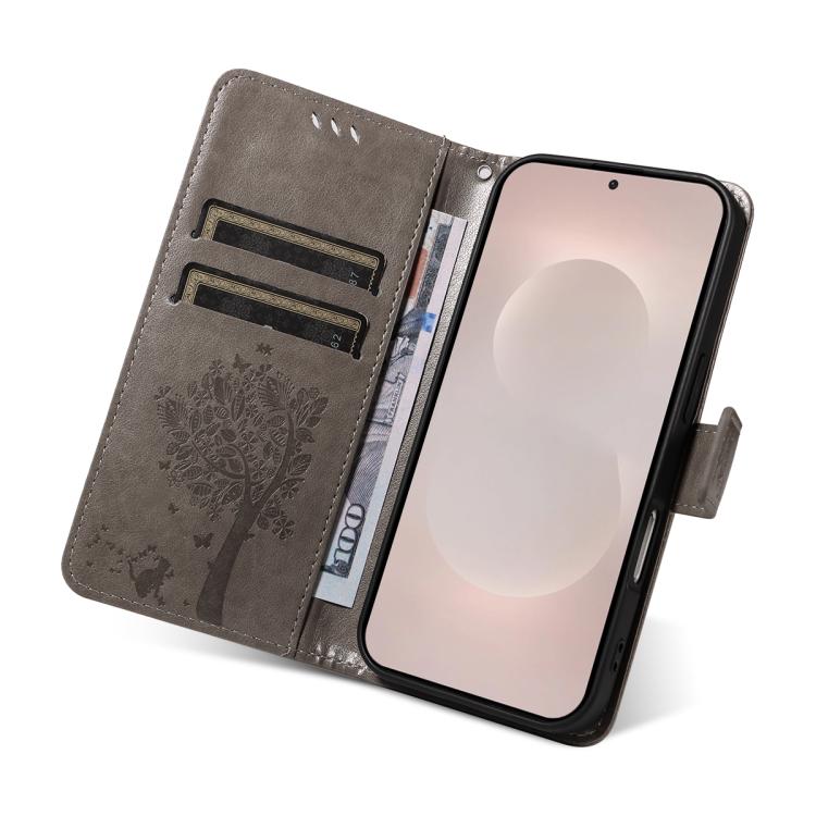 For Galaxy S26 Edge 5G Tree & Cat Embossed Pattern Flip Leather Phone Case