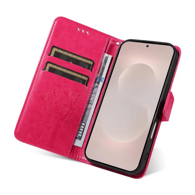 For Galaxy S26 Edge 5G Tree & Cat Embossed Pattern Flip Leather Phone Case