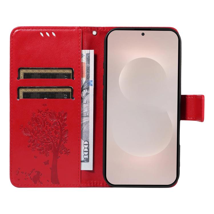 For Galaxy S26 Edge 5G Tree & Cat Embossed Pattern Flip Leather Phone Case