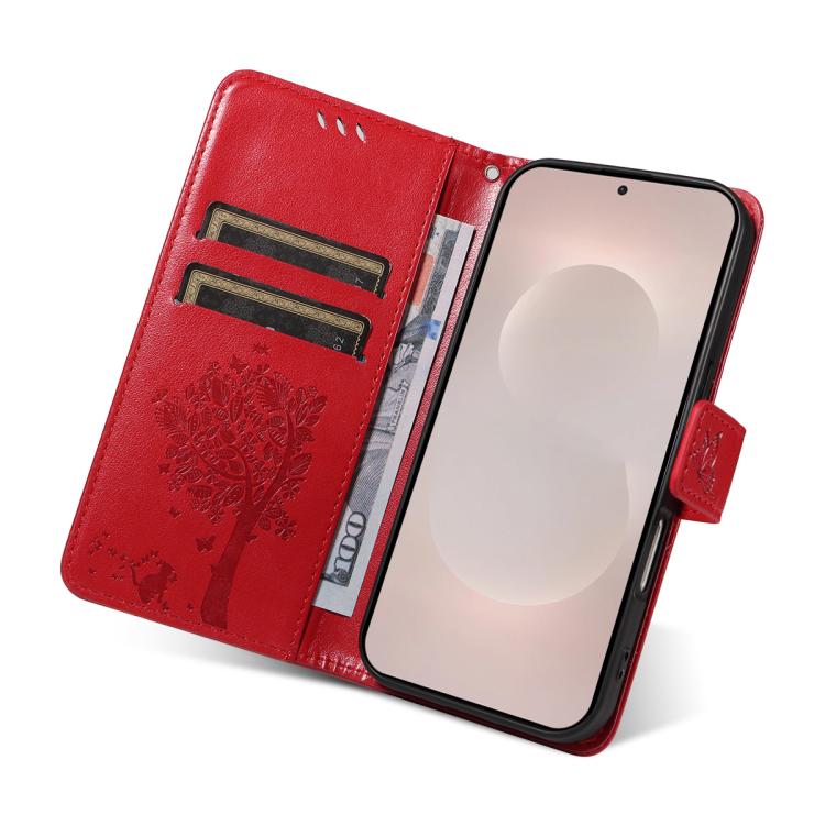 For Galaxy S26 Edge 5G Tree & Cat Embossed Pattern Flip Leather Phone Case