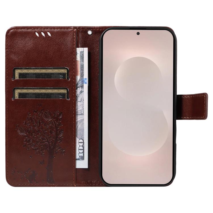 For Galaxy S26 Edge 5G Tree & Cat Embossed Pattern Flip Leather Phone Case