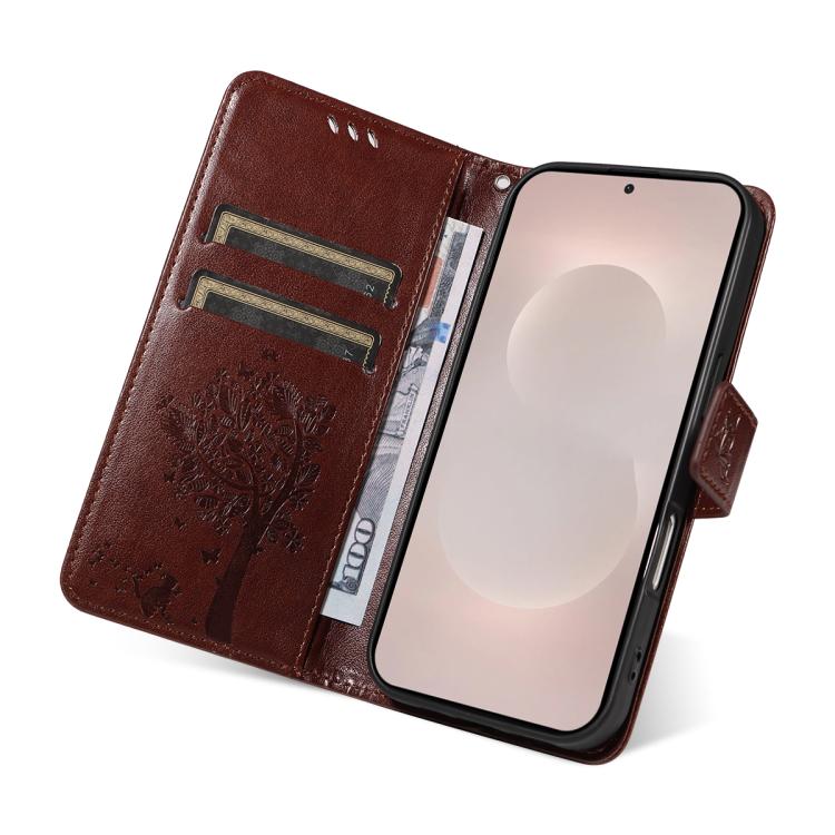 For Galaxy S26 Edge 5G Tree & Cat Embossed Pattern Flip Leather Phone Case