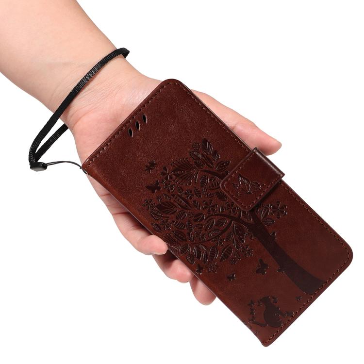 For Galaxy S26 Edge 5G Tree & Cat Embossed Pattern Flip Leather Phone Case