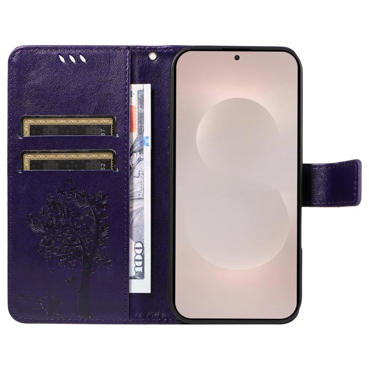 For Galaxy S26 Edge 5G Tree & Cat Embossed Pattern Flip Leather Phone Case