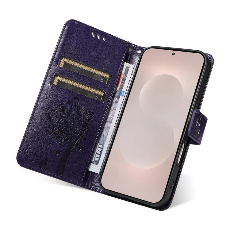 For Galaxy S26 Edge 5G Tree & Cat Embossed Pattern Flip Leather Phone Case