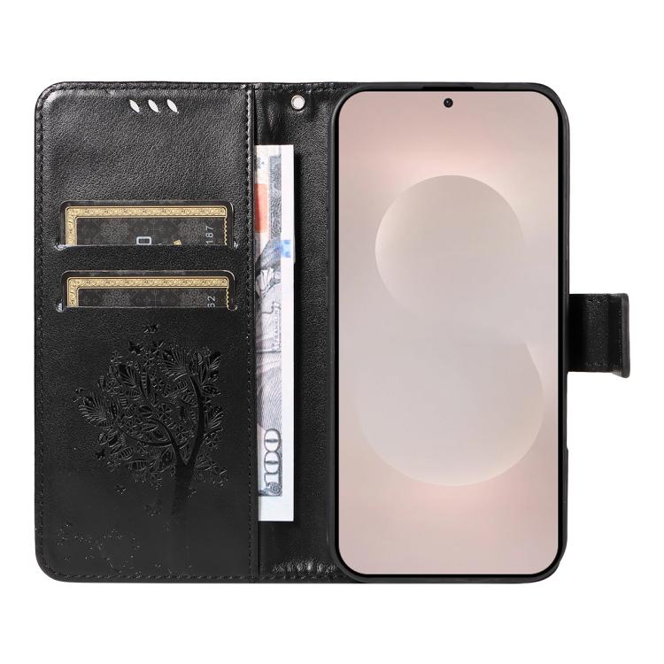 For Galaxy S26 Edge 5G Tree & Cat Embossed Pattern Flip Leather Phone Case