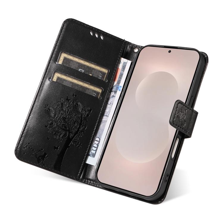 For Galaxy S26 Edge 5G Tree & Cat Embossed Pattern Flip Leather Phone Case