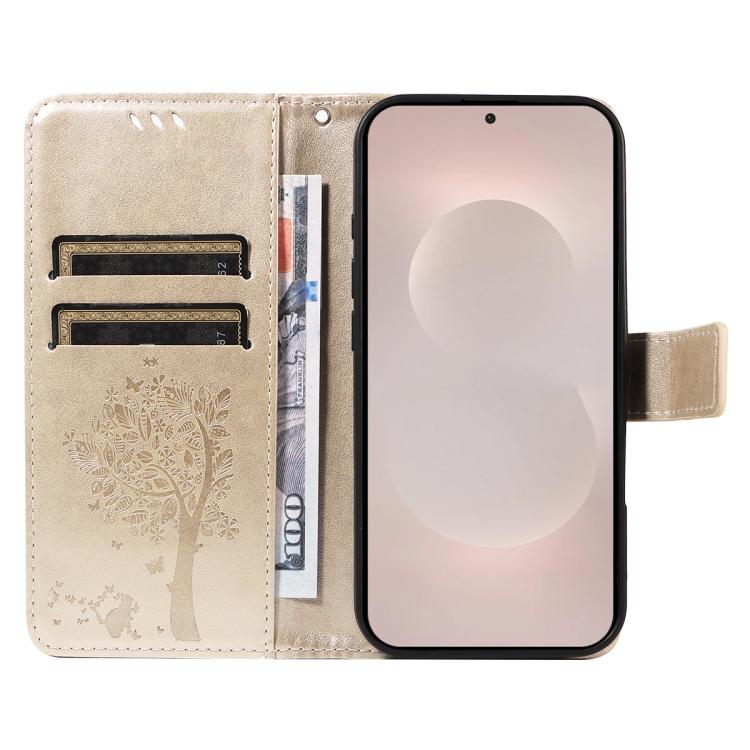 For Galaxy S26 Edge 5G Tree & Cat Embossed Pattern Flip Leather Phone Case
