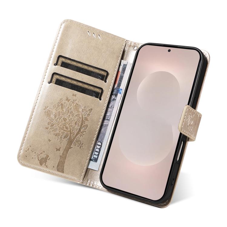 For Galaxy S26 Edge 5G Tree & Cat Embossed Pattern Flip Leather Phone Case