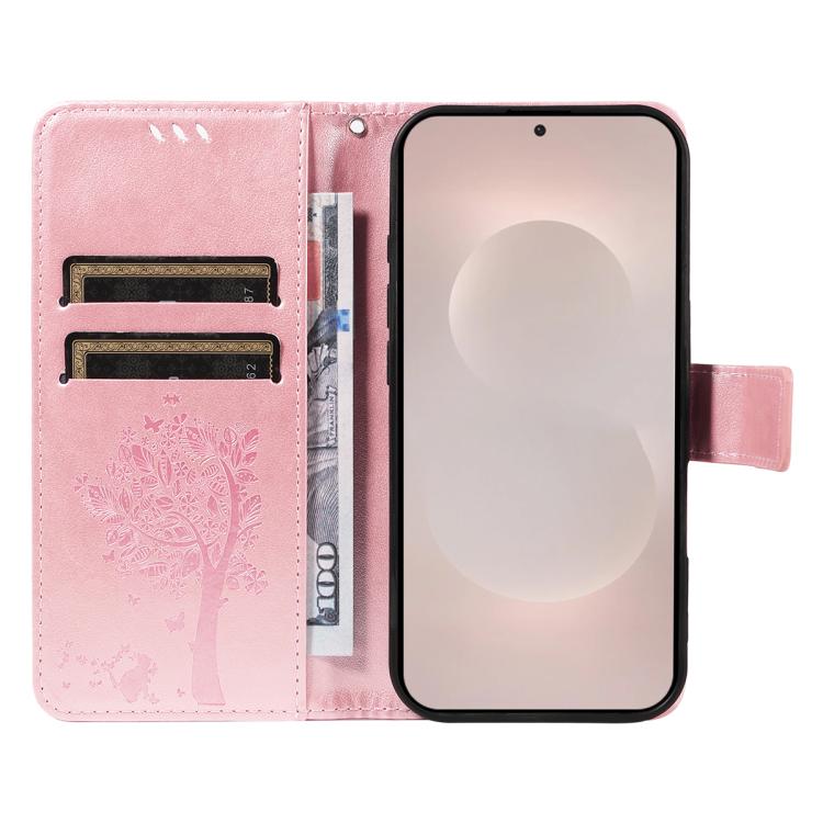 For Galaxy S26 Edge 5G Tree & Cat Embossed Pattern Flip Leather Phone Case