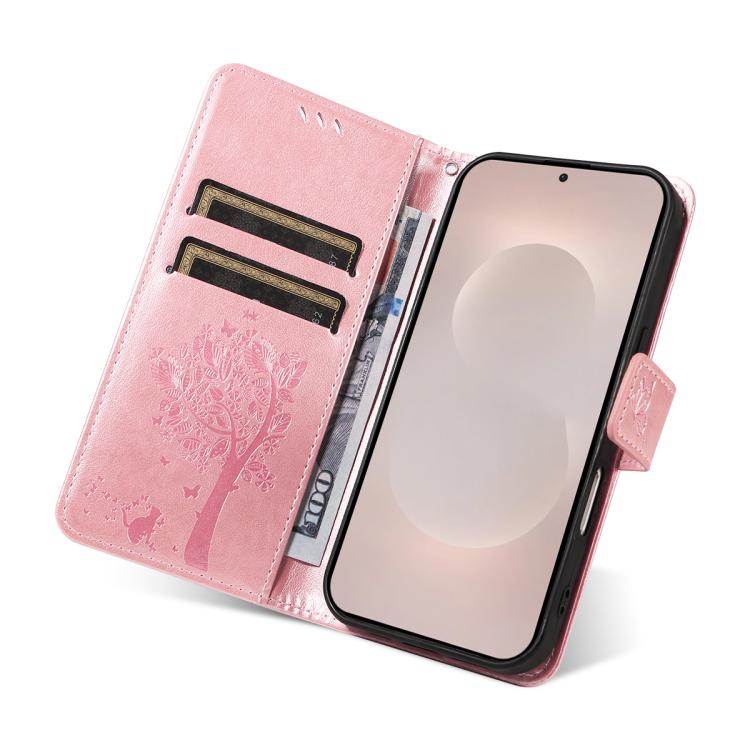For Galaxy S26 Edge 5G Tree & Cat Embossed Pattern Flip Leather Phone Case