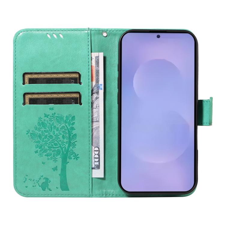 For Galaxy S26 5G Tree & Cat Embossed Pattern Flip Leather Phone Case