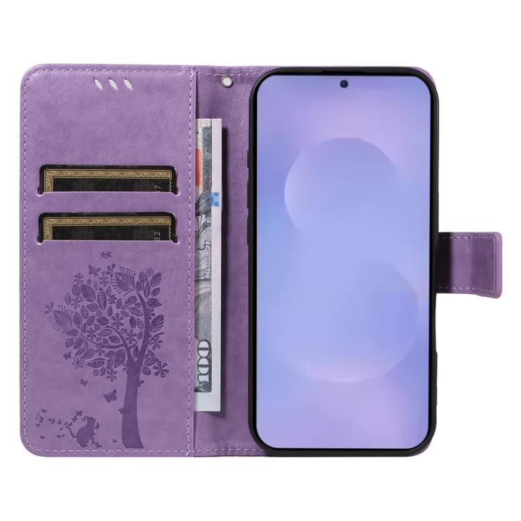 For Galaxy S26 5G Tree & Cat Embossed Pattern Flip Leather Phone Case