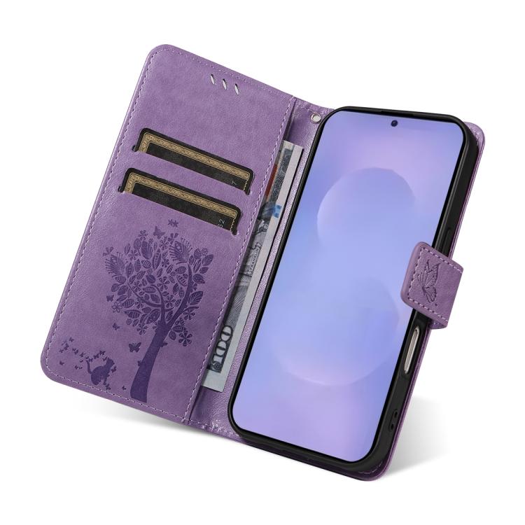For Galaxy S26 5G Tree & Cat Embossed Pattern Flip Leather Phone Case