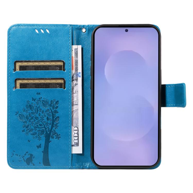 For Galaxy S26 5G Tree & Cat Embossed Pattern Flip Leather Phone Case