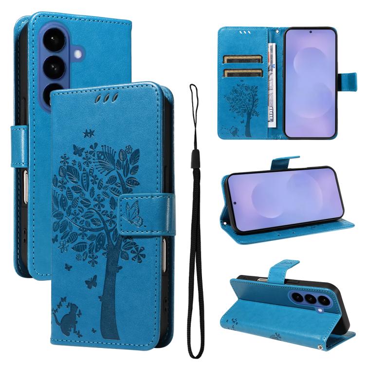 For Galaxy S26 5G Tree & Cat Embossed Pattern Flip Leather Phone Case