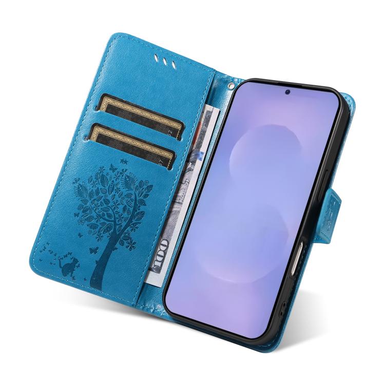 For Galaxy S26 5G Tree & Cat Embossed Pattern Flip Leather Phone Case