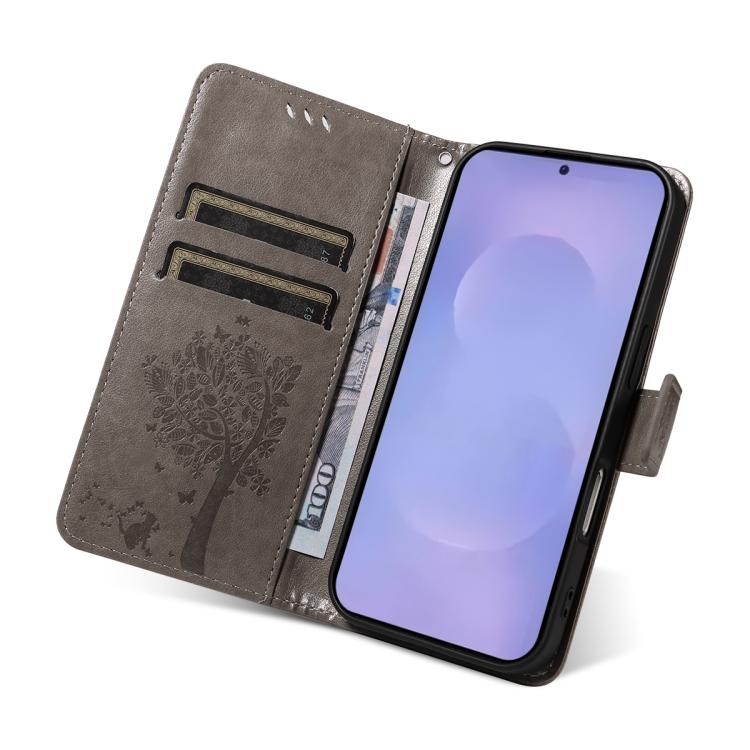 For Galaxy S26 5G Tree & Cat Embossed Pattern Flip Leather Phone Case