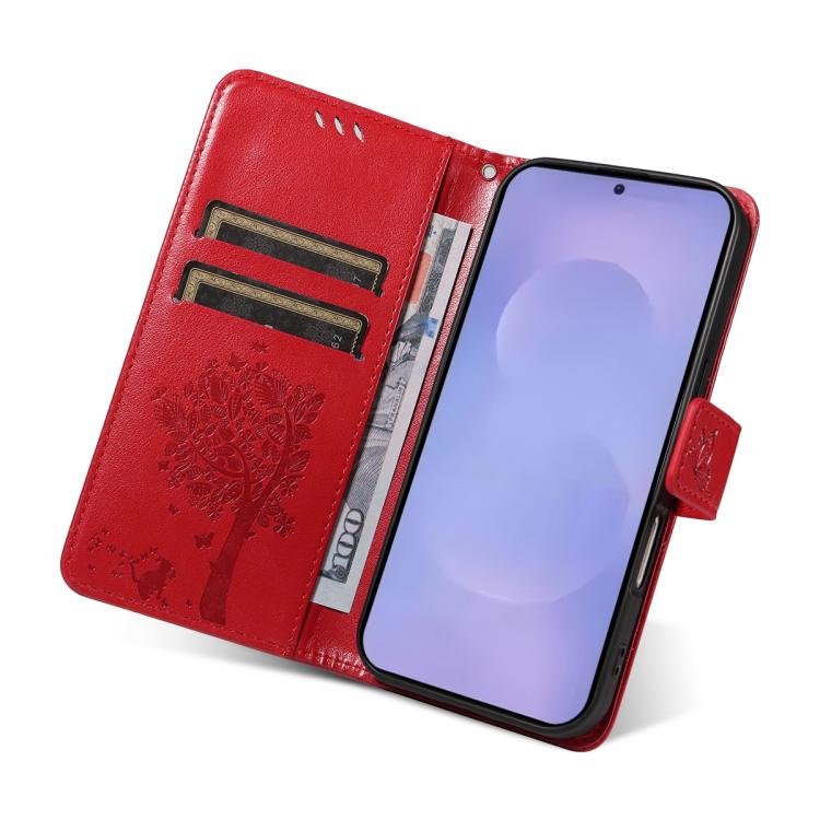 For Galaxy S26 5G Tree & Cat Embossed Pattern Flip Leather Phone Case
