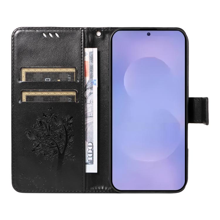 For Galaxy S26 5G Tree & Cat Embossed Pattern Flip Leather Phone Case