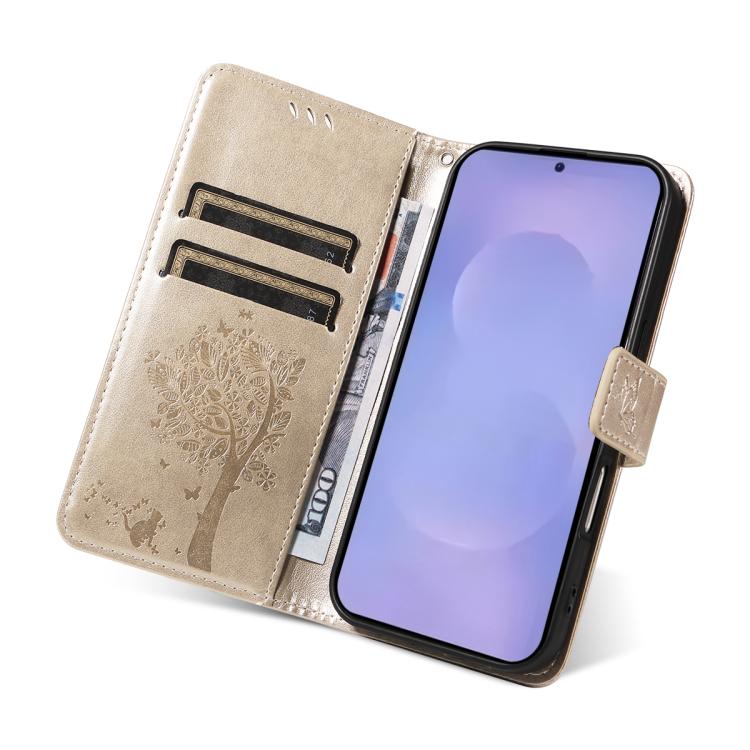 For Galaxy S26 5G Tree & Cat Embossed Pattern Flip Leather Phone Case
