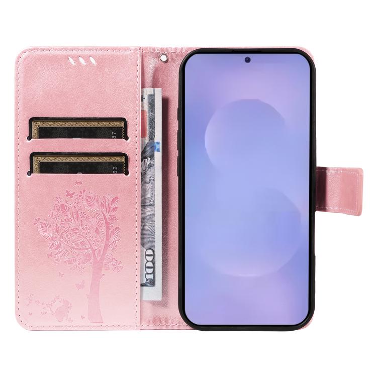 For Galaxy S26 5G Tree & Cat Embossed Pattern Flip Leather Phone Case