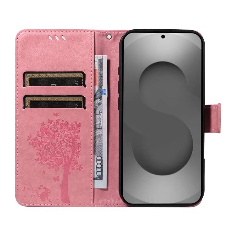 For Galaxy S26 Ultra 5G Tree & Cat Embossed Pattern Flip Leather Phone Case