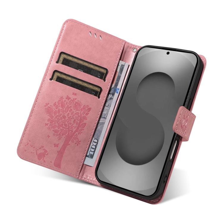 For Galaxy S26 Ultra 5G Tree & Cat Embossed Pattern Flip Leather Phone Case