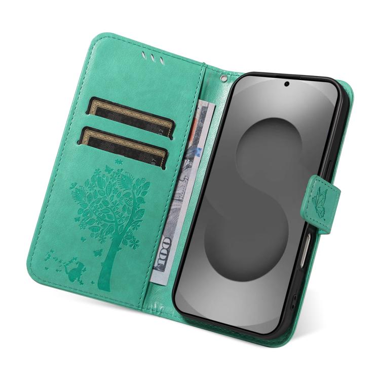 For Galaxy S26 Ultra 5G Tree & Cat Embossed Pattern Flip Leather Phone Case