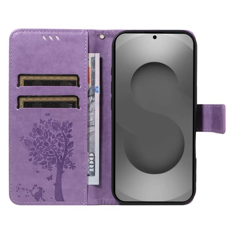 For Galaxy S26 Ultra 5G Tree & Cat Embossed Pattern Flip Leather Phone Case
