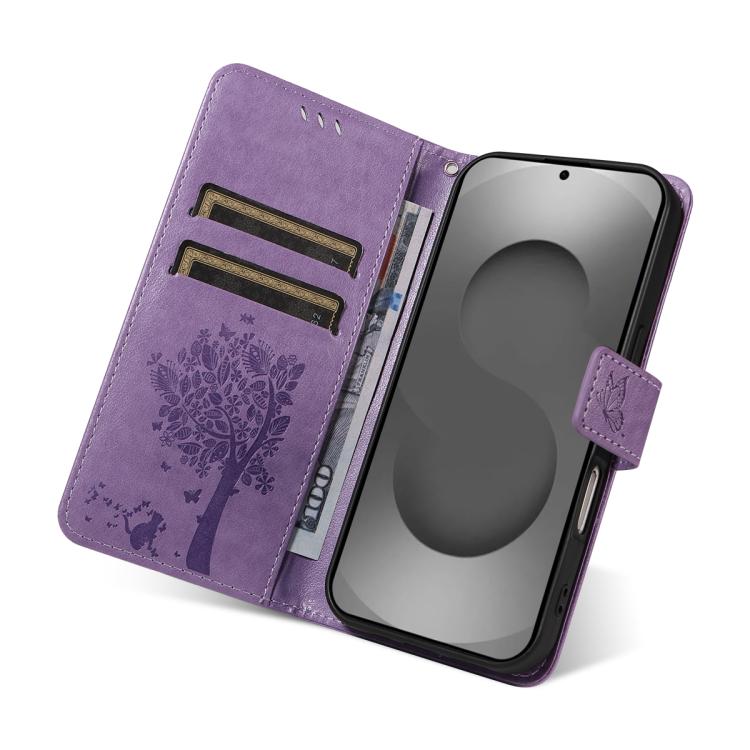 For Galaxy S26 Ultra 5G Tree & Cat Embossed Pattern Flip Leather Phone Case