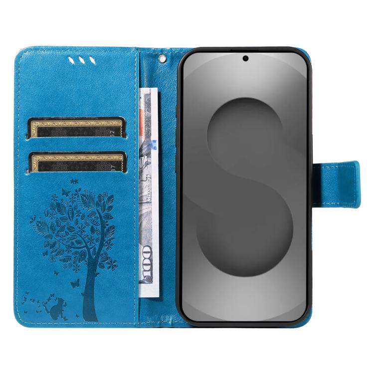 For Galaxy S26 Ultra 5G Tree & Cat Embossed Pattern Flip Leather Phone Case