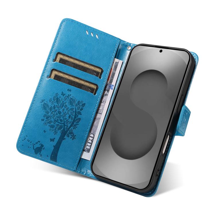 For Galaxy S26 Ultra 5G Tree & Cat Embossed Pattern Flip Leather Phone Case
