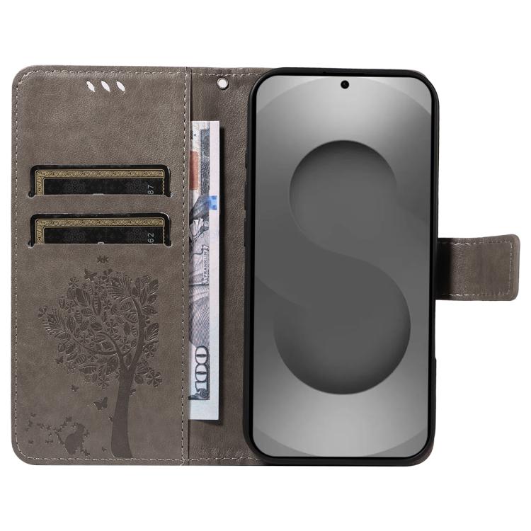 For Galaxy S26 Ultra 5G Tree & Cat Embossed Pattern Flip Leather Phone Case