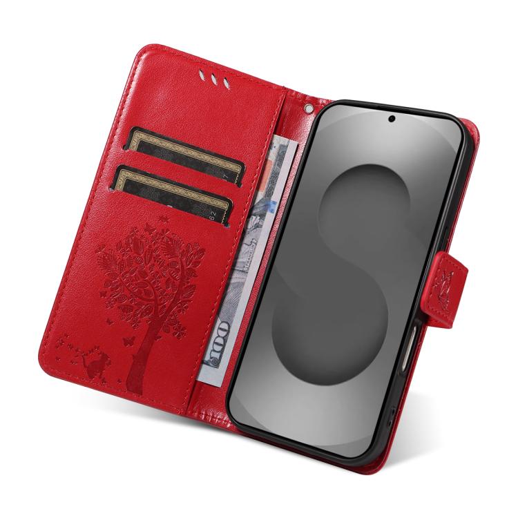For Galaxy S26 Ultra 5G Tree & Cat Embossed Pattern Flip Leather Phone Case