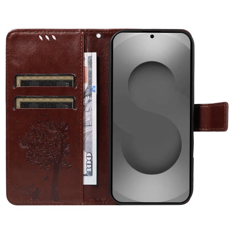 For Galaxy S26 Ultra 5G Tree & Cat Embossed Pattern Flip Leather Phone Case