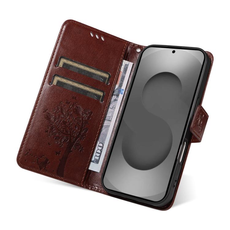 For Galaxy S26 Ultra 5G Tree & Cat Embossed Pattern Flip Leather Phone Case