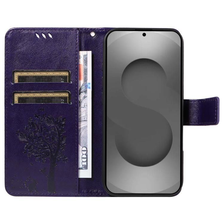 For Galaxy S26 Ultra 5G Tree & Cat Embossed Pattern Flip Leather Phone Case