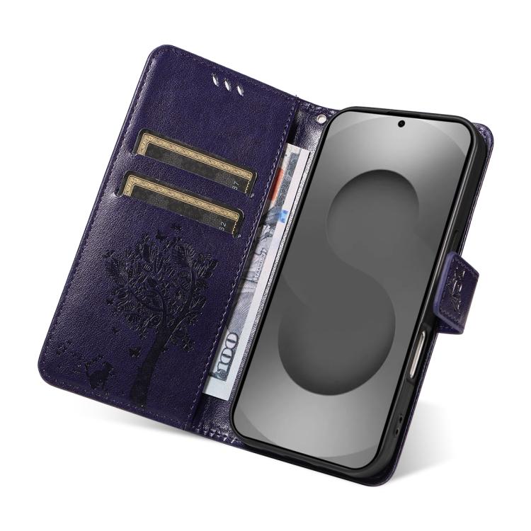 For Galaxy S26 Ultra 5G Tree & Cat Embossed Pattern Flip Leather Phone Case