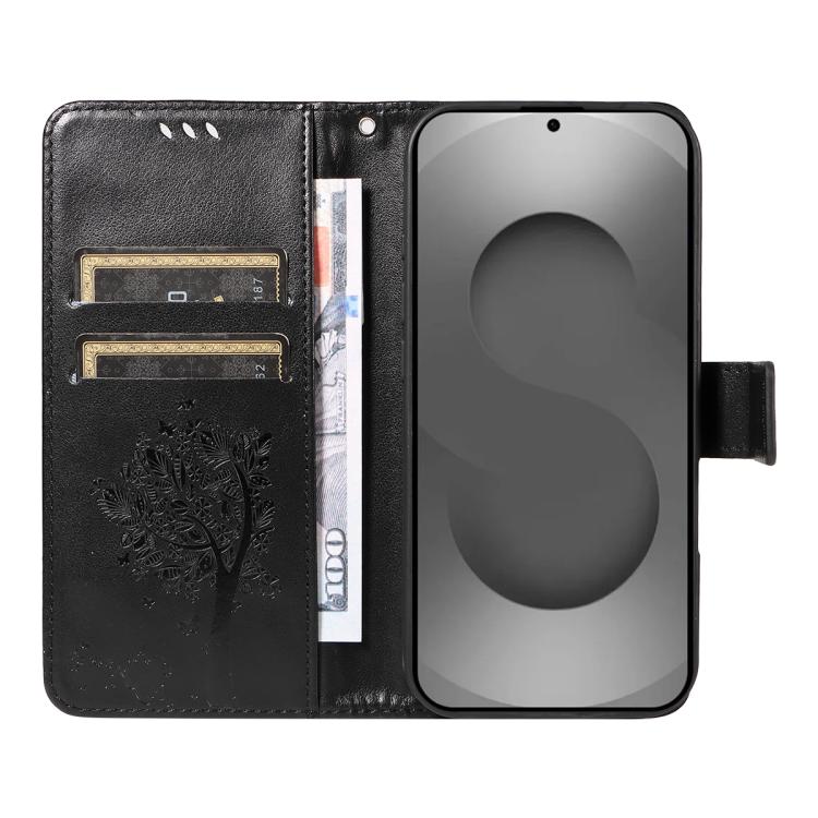 For Galaxy S26 Ultra 5G Tree & Cat Embossed Pattern Flip Leather Phone Case