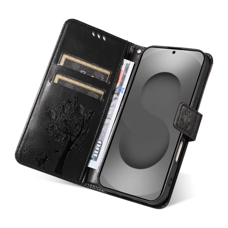 For Galaxy S26 Ultra 5G Tree & Cat Embossed Pattern Flip Leather Phone Case