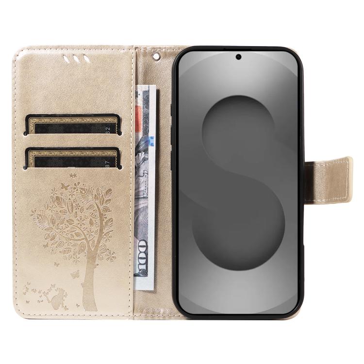 For Galaxy S26 Ultra 5G Tree & Cat Embossed Pattern Flip Leather Phone Case