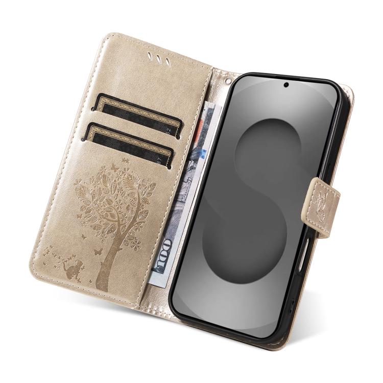 For Galaxy S26 Ultra 5G Tree & Cat Embossed Pattern Flip Leather Phone Case