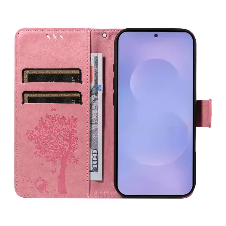 For Galaxy S26+ 5G Tree & Cat Embossed Pattern Flip Leather Phone Case