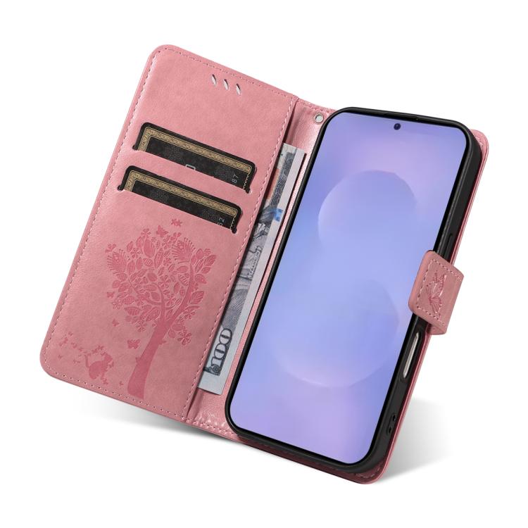 For Galaxy S26+ 5G Tree & Cat Embossed Pattern Flip Leather Phone Case